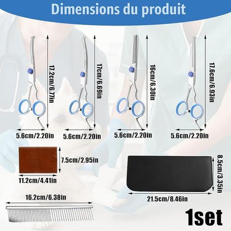 Stainless Steel Dog Grooming Scissors with Safety Round Tip for Cutting Hair, Includes Thinning Scissors, Curved Scissors, Straight Scissors, Comb, Dog Grooming Kit for Cats and Animals (1/3)