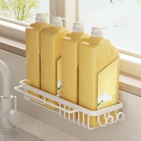 Mensola da cucina bianca senza foratura – Portaoggetti compatto per lavello 37,5×12×6 cm per spugne, panni e salviette, alluminio resistente (1/4)