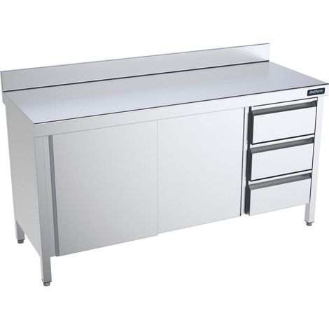Table Inox murale adossée avec portes coulissantes et tiroirs à droite - Gamme 700 - Distform