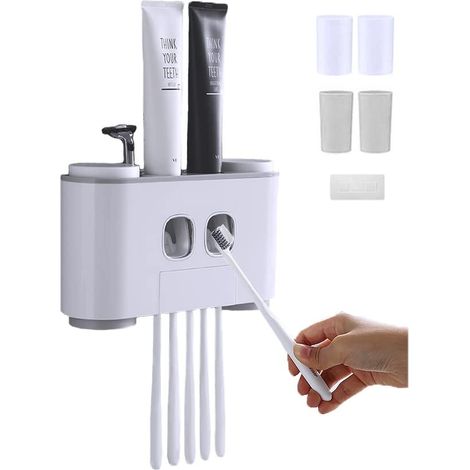 Wall Mounted Toothbrush Holder for 4 with 2 Toothpaste Dispensers, 4 Cups and 5 Toothbrush Slots (Grey) (1/5)