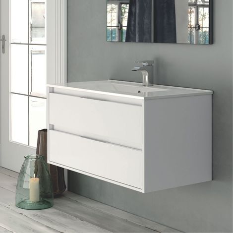 Armoire de toilette murale 2 tiroirs blanc laqué 80x45x48H cm - Konni (1/2)