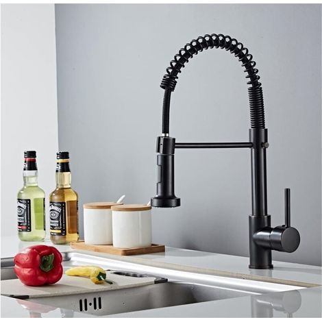 Kitchen Faucet with Swivel Sprayer - 360° Spring Kitchen Tap 2 Spray Modes with Hoses Single Lever Sink Mixer Tap Hot and Cold Available, Brass (Black) MUMU (1/4)