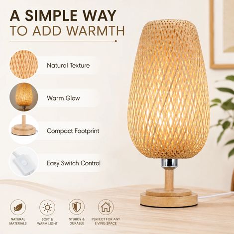 JOYINLED E27 Rattan-Tischlampe, handgeflochtene Bambus-Nachttischlampe mit Sockel aus Naturholz, EU-Stecker – Leuchte im Boho für Schlafzimmer, Wohnzimmer, Nachttisch oder Schreibtisch (1/5)