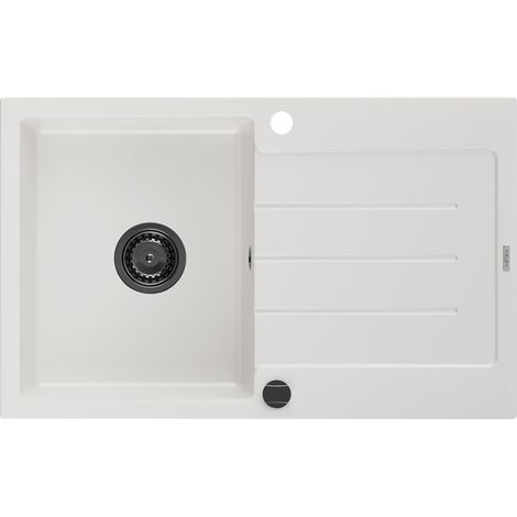 Mexen Bruno lavello in granito a 1 vasca con gocciolatoio 795 x 495 mm, bianco, sifone nero - 6513791010-20-B (1/5)