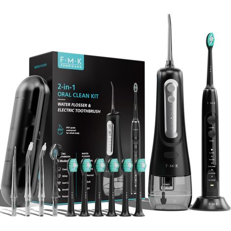 Hydropulseur et brosse à dents électrique pour adultes - Irrigateur buccal et brosse à dents sonique 2-1 - Kit de nettoyage buccal (noir) (1/5)