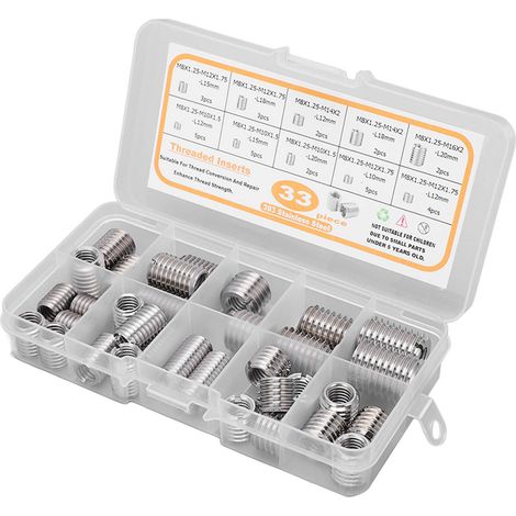 Kit d'assortiment de 33 inserts filetés M8x1,25 en acier inoxydable, manchons de réparation pour écrous réducteurs de filetage (1/5)