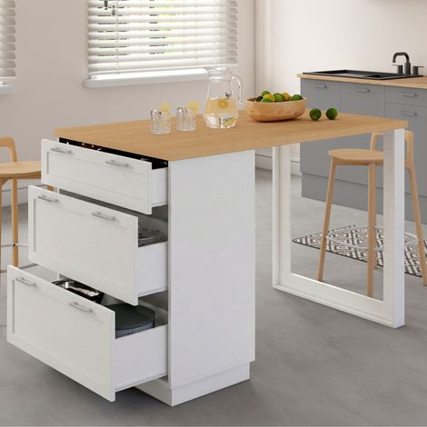 VITO 130 cm 3 cajones blanco cacerola centro isla con encimera de madera, 4 personas