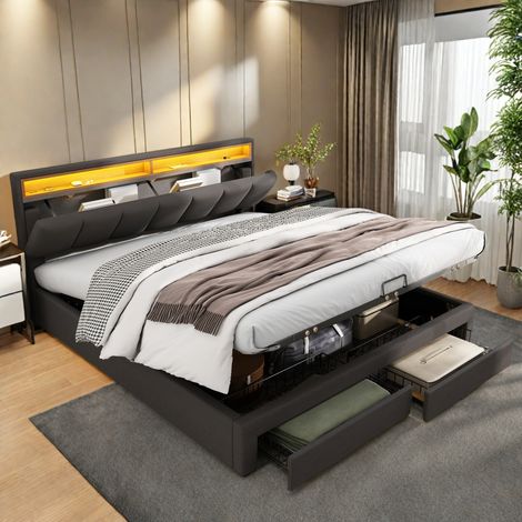 Lit coffre 180 x 200 cm, lit 180x200 avec sommier, lit adulte avec 2 tiroirs et LED, cadre de lit, avec tete de lit, Gris, lin (1/5)