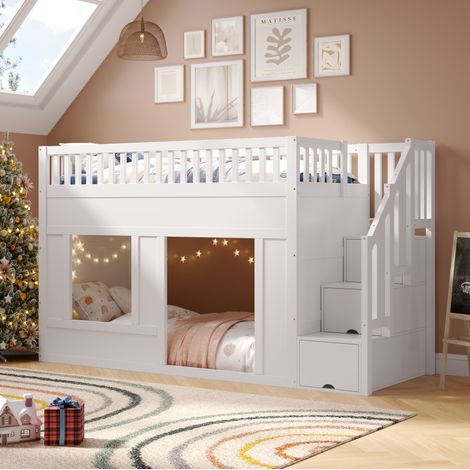 Cama alta de 90x200 cm en madera maciza y MDF blanco con escalera de almacenamiento y somier de láminas incluido. (1/5)