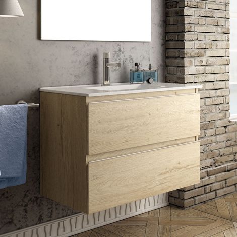 Meuble sous vasque seul, 2 tiroirs, 70cm, pour simple vasque - bambou (chêne clair) - BALEA