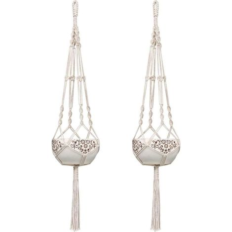 Lot de 2 suspensions pour plantes en macramé blanc crème de 105 cm, en corde de coton solide, pour pots de fleurs suspendus en extérieur et intérieur. Décoration murale pour balcon ou jardin, style bo