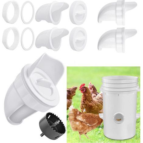 Mangeoire Poules Plastique Mangeoire Poules Automatique, 4 Ports DIY Mangeoire à Poulet Kit [Anti-Gaspillage] [Anti Nuisible] Abreuvoir a Poules Mangeoire Poussin pour Seaux Tonneaux Bacs (1/5)