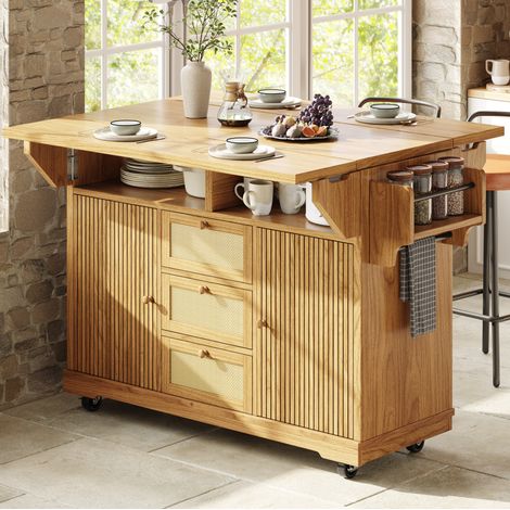 Chariot de cuisine pliable 95 cm avec rangements, roulettes, bois naturel HAVRYA (1/5)