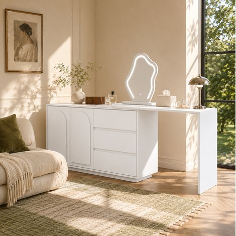 Coiffeuse avec miroir LED 3 couleurs et plateau coulissant, 3 tiroirs, blanc HAVRYA (1/5)
