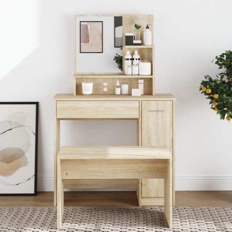 Coiffeuse avec miroir, Table de maquillage, Meuble coiffeuse Chêne sonoma 86,5x35x136 cm RDS7049 BonneVie (1/5)