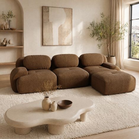 Canapé d’angle modulaire en velours côtelé marron 298 x 178 x 70 cm sans montage OKWISH