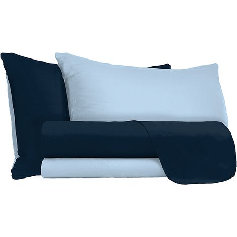 Set Lenzuola Matrimoniale Sopra Sotto e Federe Doubleface Blu Scuro/Azzurro