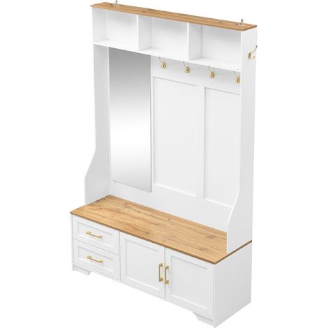 Mueble recibidor 120x40x187 cm de MDF blanco y madera, con almacenaje y LED para entrada FloraGrace (1/5)