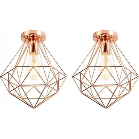 U-DO LOT DE 2 Plafonnier design Vintage Lampe Abat - Jour Cage forme Diamant en Fer Or Rose décoration Chambre Salon (1/4)