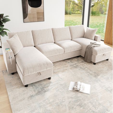Canapé panoramique en U 284x135x84 cm beige en chenille avec rangement et ports USB/Type-C (1/5)