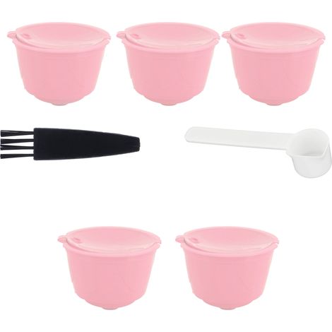 Packung mit 5 wiederverwendbaren Kapseln für DOLCE GUSTO, rosa nachfüllbarer Kaffeefilter mit Löffel und Reinigungsbürste. (1/5)