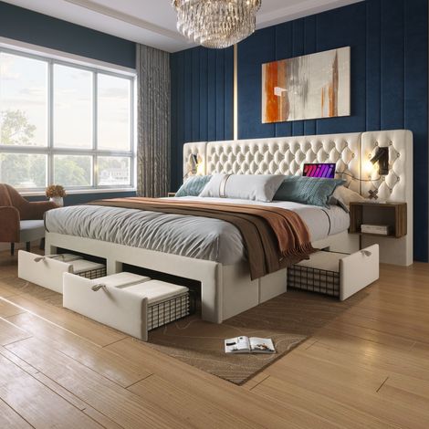 Lit double velours beige 180×200 cm avec 2 chevets, 4 tiroirs, lampe lecture USB inclus, ensemble complet (sans matelas) (1/5)