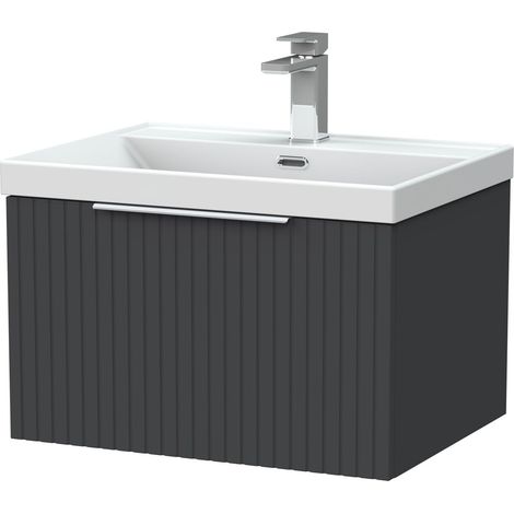 Callingwood Contemporary Wall Hung 1 Drawer Vanity Unit with Thin-Edge Ceramic Basin , 600mm, Dark Grey