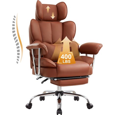 IWMH Chaise de Bureau à Dossier Grand avec Coussin Lombaire, Chaise de Direction avec Repose-Pieds Extensible et Accoudoirs, Fauteuil Ergonomique avec Appui-tête Réglable en Hauteur - PU - Marron