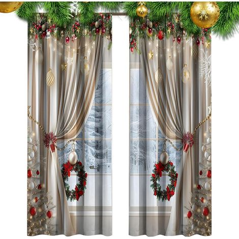 Rideaux de Noël pour Salon Draperies Réutilisables avec Branches de Pin Voilages Imprimés Art Classique De Noël Pour Chambre Fêtes Rassemblement Boutique Arrière-Plan Fenêtre Intérieur Extérieur (1/5)