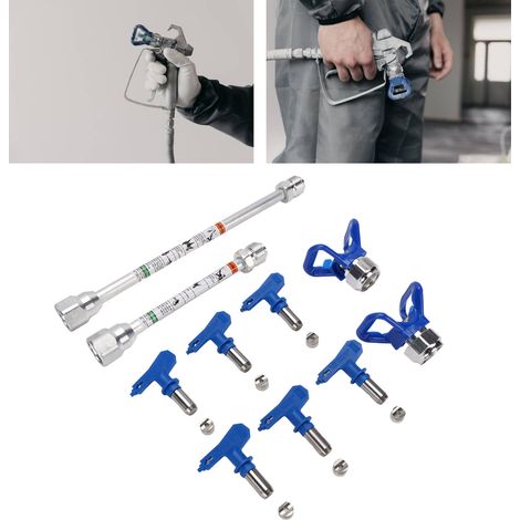 Kit de buses pour pulvérisateur de peinture sans air (pour peinture latex, revêtements, etc.) comprenant : buses bleues 211/313/319/415/517/623 + 2 porte-buses + 2 rallonges. (1/5)
