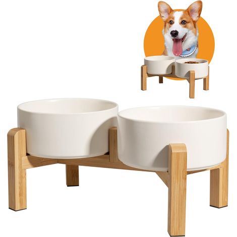 Gamelle pour Chien Surélevée Ceramique - Double Gamelle Chien Surelevee avec Support en Bambou - Set de Bol Chein pour Nourriture et Eau - Gamelles pour Chiens de Petite et Moyenne Taille - 2 x 850 ml