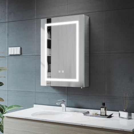 500x700x130mm Illuminated LED Bathroom Mirror Cabinet with Shaver Socket, Soft Close Bathroom Mirror Cabinet with Demister Pad Stainless Steel, NMC01