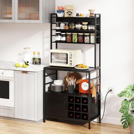 GOPLUS Buffet de Cuisine H.170CM avec Station de Chargement,Crochets,Porte-Bouteilles de Vin,Support pour Micro-ondes-Noir (1/2)