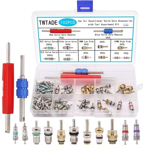 102 pièces accessoires de noyau de Valve de climatiseur de voiture avec Kit d'assortiment d'outils de démontage R134a Kit de réparation de noyaux de tige de Valve de pneu de réfrigération (1/5)