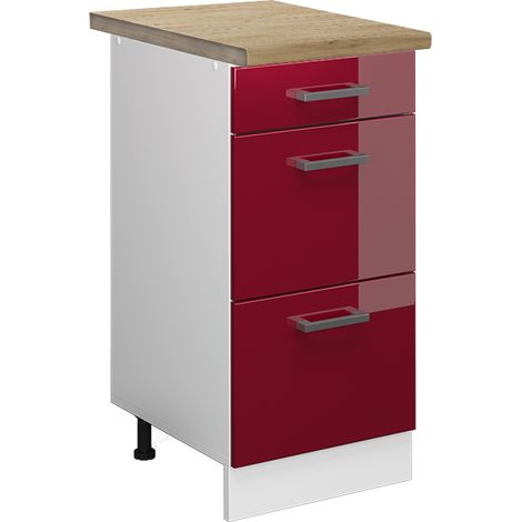 Mobiletto base per cucina R-Line, Rosso bordeaux lucido, 40 cm con cassetti, PL Rovere, Vicco