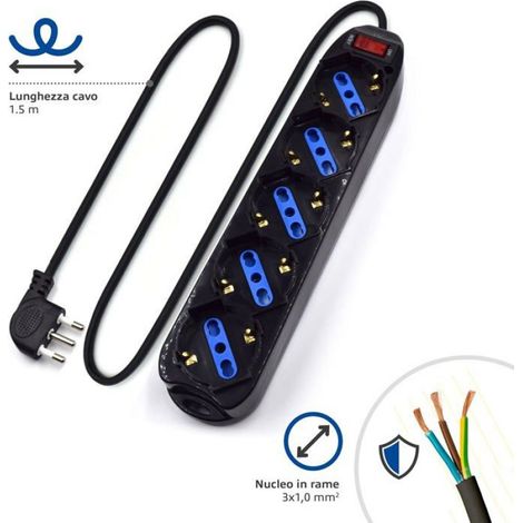 Multiprise - - 5 prises (Italienne & Schuko) - Parafoudre anti-surtensions - Câble 1,5 m, interrupteur lumineux (1/4)