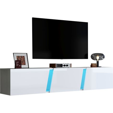 Mueble TV de Pared con 3 Puertas Abatibles y LED, Blanco Brillo, Estilo Moderno, en Tablero de Partículas, 180×35×30 cm (1/5)