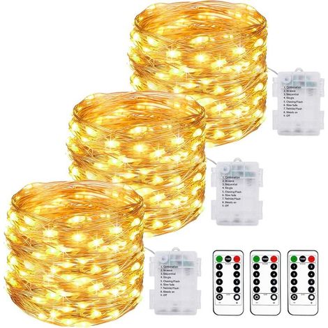 Lot de 3 Guirlande Lumineuse a Pile, 10M 100LED Guirlande Led à Pile avec Télécommande 8 Modes Fonction Minuterie IP65 Etanche Fil Lumineux Décoration Intérieur Extérieur Chambre Noël Mariage Jardin [ (1/5)