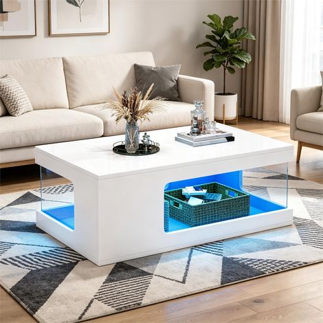 Table basse LED 100 x 50 x 35 cm pour salon, plateau brillant, niches latérales verre trempé, aggloméré blanc