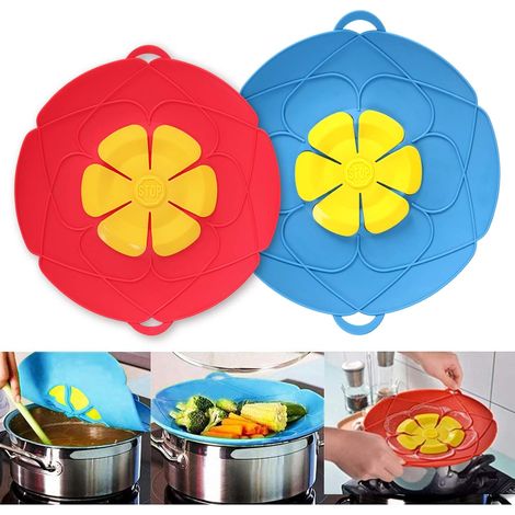 Lot de 2 bouchons anti-déversement en silicone pour poêles et casseroles Bleu et rouge (1/5)