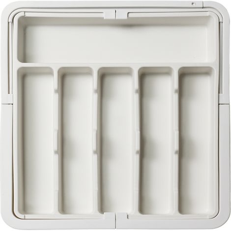 Organizzatore per cassetti bianco e argento, vassoio espandibile per utensili da cucina, portaposate e portautensili, contenitore regolabile in plastica per cucchiai, forchette e coltelli.