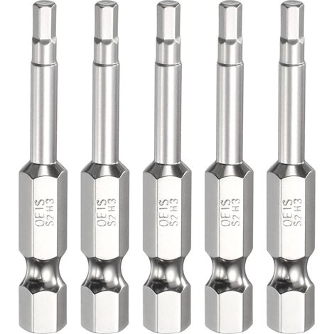 5Pcs H3.0 Embout de Tournevis à Tête Hexagonale 3.0mm Métrique Pointe Plate 1/4" Tige Hexagonale 50mm (2") Long Clé à Embout Magnétique Pour Perceuse à Vis, Douille Chromée (1/5)