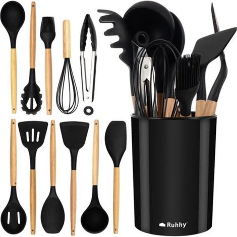 Set de 12 ustensiles de cuisine en silicone avec manches en bois