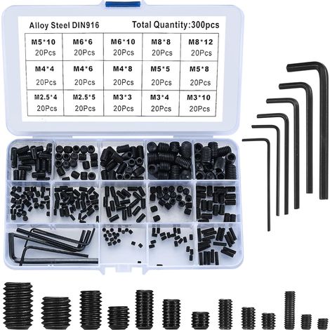 300 Pièces Vis Sans Tête Hexagonale, Kit Assortiment Vis à Six Pans Creux, M2.5/M3/M4/M5/M6/M8 Acier Allié Douille Hex Vis-pointeau avec Clé Allen (1/5)
