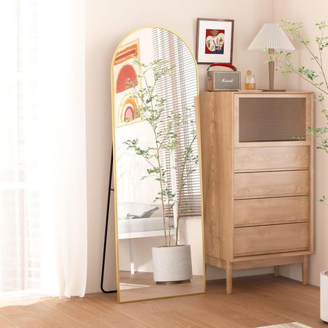 Miroir de Sol Arqué 162 x 53 cm - Pleine Longueur avec Cadre en Alliage d'Aluminium et Support pour Chambre à Coucher, Dressing (Doré) (1/5)