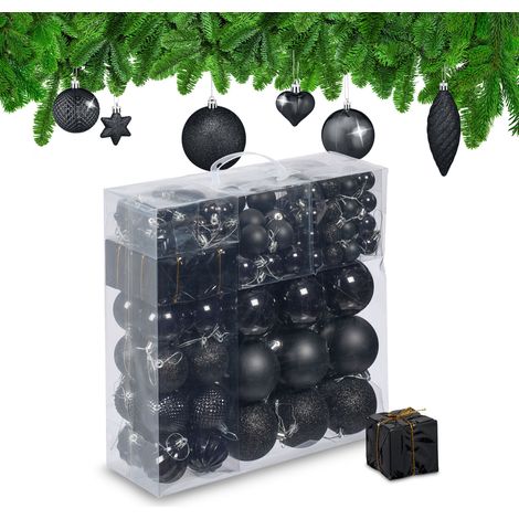 Relaxdays Weihnachtskugeln 110er Set, Kunststoff, Weihnachtsbaumdeko mit Kugeln & Lametta, Christbaumschmuck, schwarz
