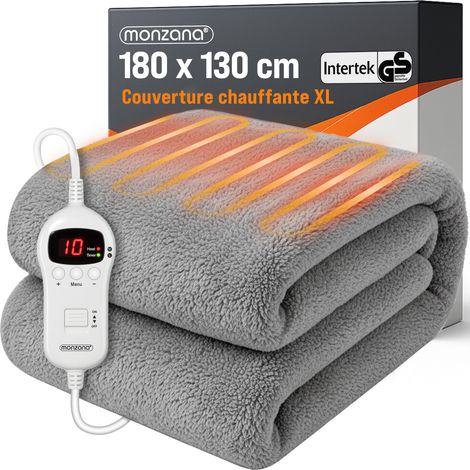 Monzana – Couverture chauffante 180x130 cm 120W en polaire – 10 niveaux de chauffage – Lavable en machine – Protection contre la surchauffe