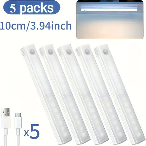 Lot de 5 bandes LED à détecteur de mouvement Rechargeables par USB, magnétiques, double température de couleur Accessoires informatiques haut de gamme 10 cm / 3,94 po