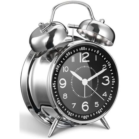 Loud Alarm Clock for Adults Heavy Sleepers, 4 Inch Metal Double Bell Battery Operated Alarm Clock for Room Decor Silent Non-Ticking (Silver)