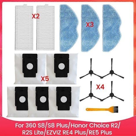Pièces de rechange pour 360 S8/S8 Plus/Honor Choice R2/R2S Lite/EZVIZ RE4 Plus/RE5 Plus : brosse, filtre, sac à poussière, chiffon A (1/5)